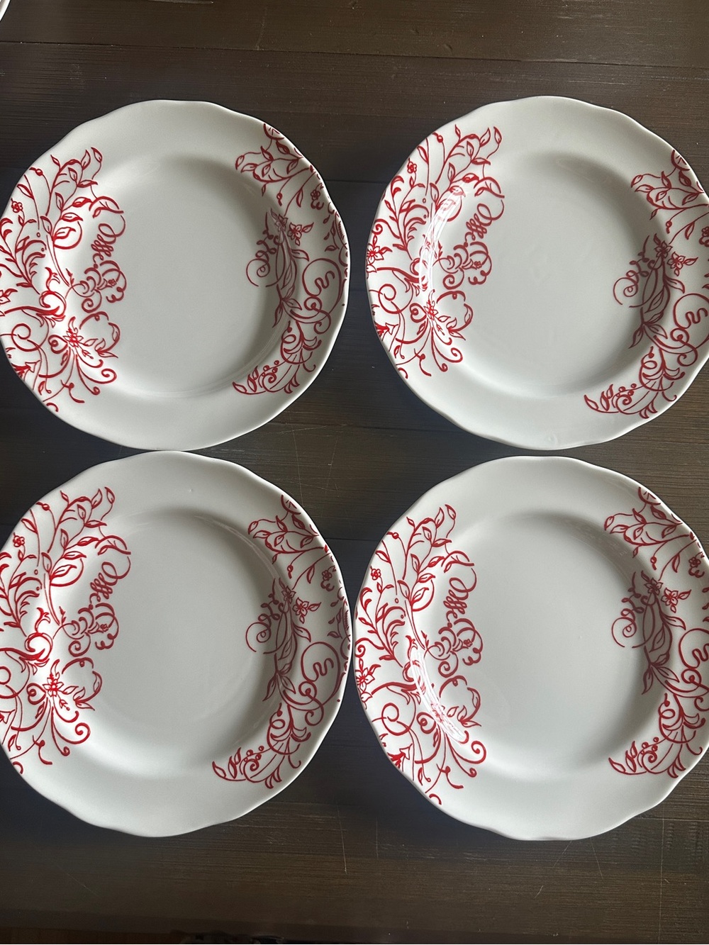 Set of 4 Cynthia Rowley Cynthia's Scrolls Red Dinner Plate 11” Rare Discontinued